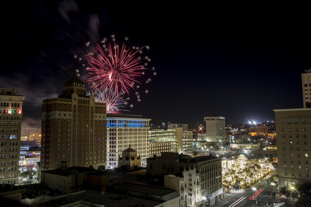 Fireworks explode over San Jacinto Plaza to close out the Annual Fan Fiesta